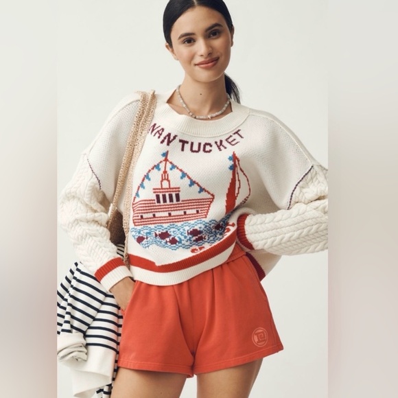 Maeve Sweaters - Anthropologie Maeve Nantucket Graphic Cable Knit Sweater - Cream & Red Sz L NWT